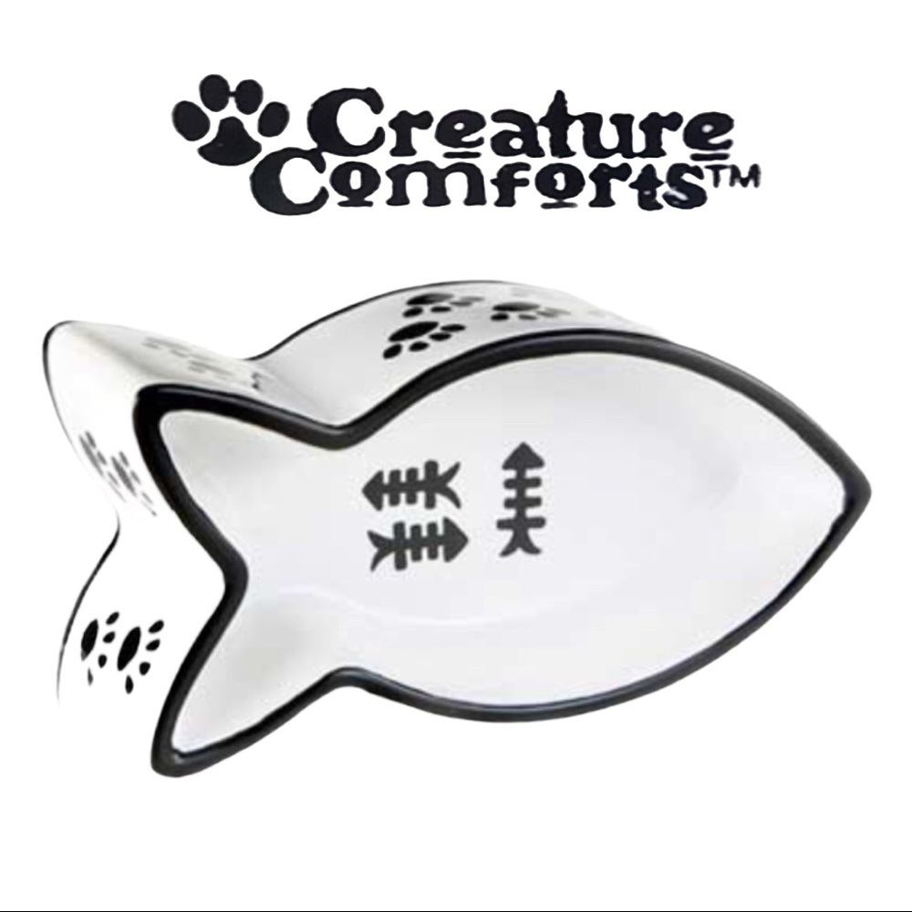 Black & White Ceramic Fish Shaped Cat Bowl